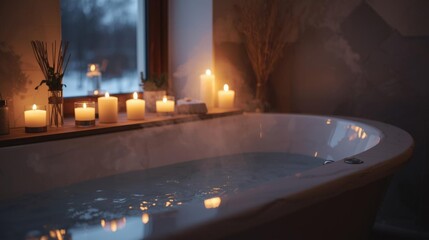 Serene Bathtub with Candles and Relaxing Atmosphere