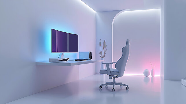 modern minimalist computer desk setup with ambient lighting and ergonomic chair