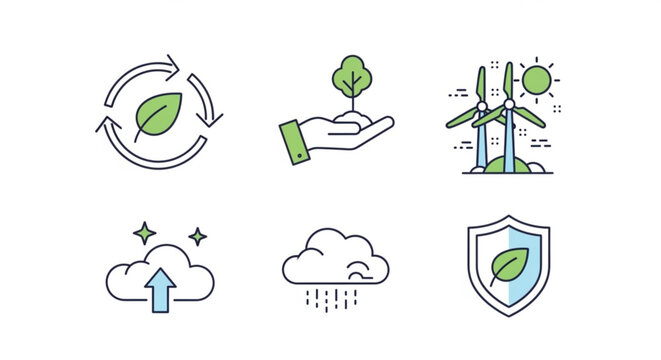 Collection of colorful vector icons representing environmental sustainability, renewable energy, and ecofriendly practices