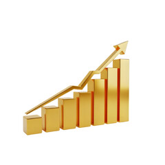 Golden bar chart with upward trend arrow isolated on transparent background