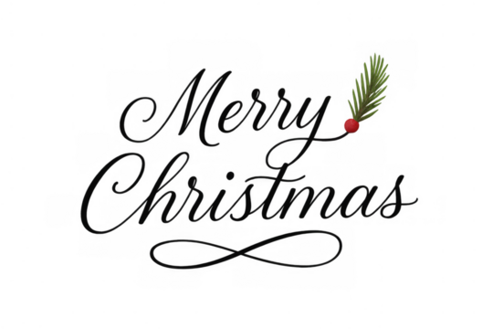 Merry christmas text with calligraphy lettering, evergreen pine branch, and red berry on transparent background