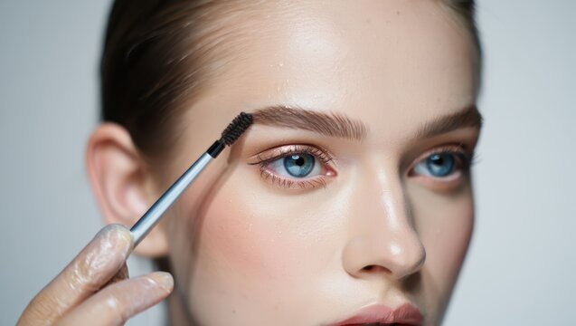 Close-up of a woman grooming her eyebrows with a brush for beauty enhancement