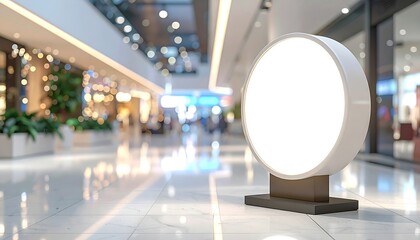 Illuminated Round Sign in Modern Shopping Mall Interior.