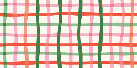 Fototapeta premium Hand drawn plaid pattern with pink green and coral stripes on cream background