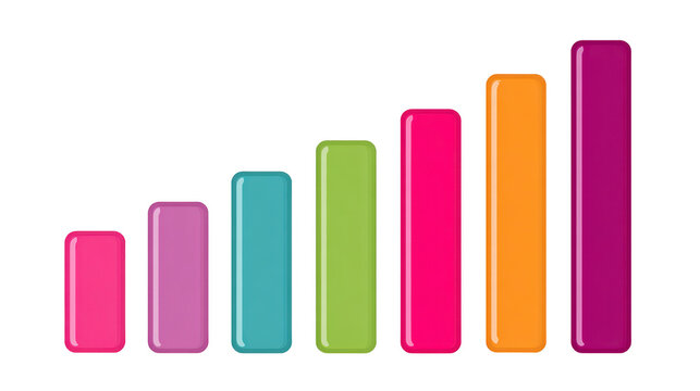 Colorful glossy bar chart with seven vertical columns in gradient shades of pink, blue, green, orange, and purple, representing data growth or progress, isolated on transparent background