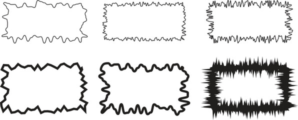 Obraz premium Set of abstract wavy rectangular frames in black on white background. Hand-drawn irregular border collection for design, poster, or graphic layout. Modern sketch-style frame vector illustration.