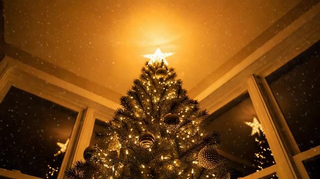Christmas tree adorned with lights and star in cozy room  
