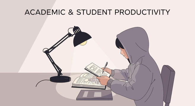 Focused Student Studying With Books And Lamp, Demonstrating Academic Persistence And Diligence