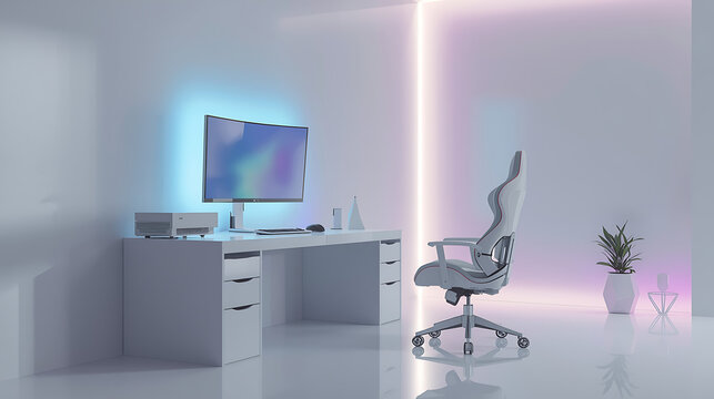 modern minimalist computer desk setup with ambient lighting and ergonomic chair - Powered by Adobe