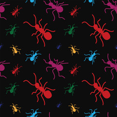 Colorful ant silhouettes seamless pattern on black background. Vibrant insect vector illustration for fabric, wallpaper, or nature-inspired design. Modern repeating bug motif decorative texture.
