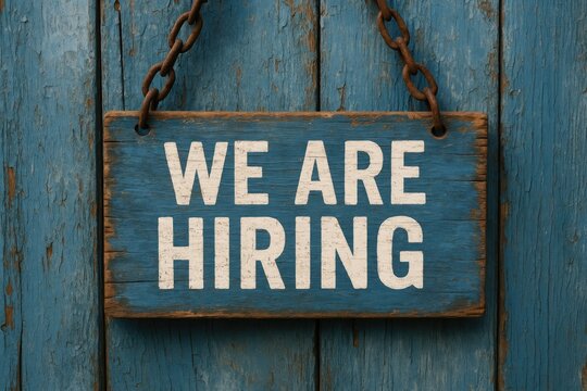 Rustic blue wooden sign with white "We Are Hiring" text and chains, job opening - Powered by Adobe
