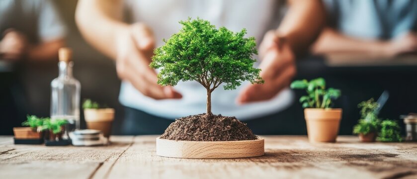 Young green tree growing in soil, hands sheltering, sustainable life, natural growth, environmental care, new beginning, nurturing nature, ecological future.