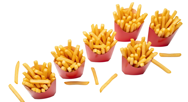Delicious Golden French Fries in Red Cups.