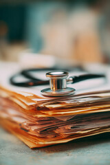 Obraz premium a stethoscope resting on a tall stack of medical documents and patient files — concept symbolizing healthcare management, medical research, diagnostics, and hospital administration