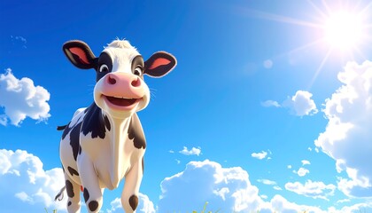 Cartoon Cow in a Sunny Sky - A Cheerful Animation.