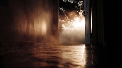 Naklejka premium An open doorway reveals a misty sunlit exterior creating a mysterious and atmospheric threshold between worlds