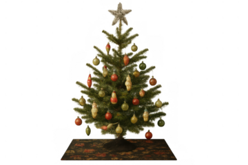 Christmas tree with vintage ornaments and star topper creating a festive holiday decoration, transparent background