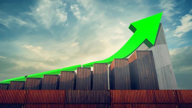 Bright green upward arrow rising above stacked cargo containers under blue sky, symbolizing export growth, trade success, and economic progress
