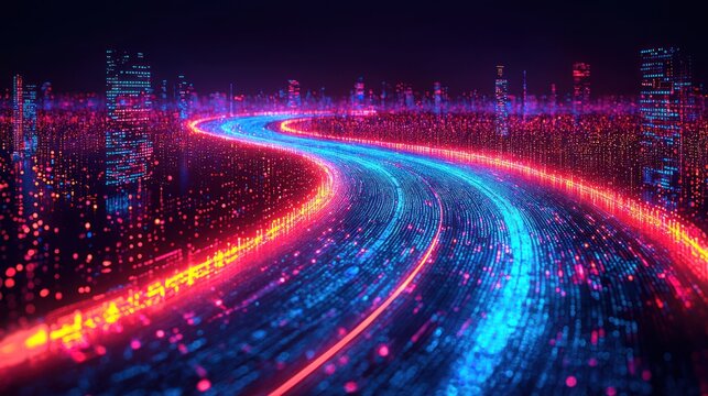 Neon glowing futuristic city road with lights, curving towards distant skyscrapers