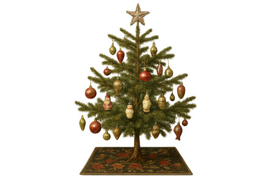 Vintage christmas tree with rustic star topper and traditional holiday ornaments, creating a festive retro holiday atmosphere