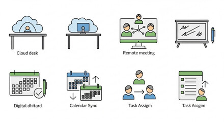 Illustration set depicting remote work, featuring cloud desks, remote meetings, digital charts, calendar synchronization, and task assignment