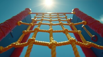 Playground net climber pointing skyward, bright sunlight, red, blue and yellow