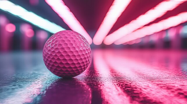 Pink golf ball on a reflective surface, lit by neon pink and blue lights