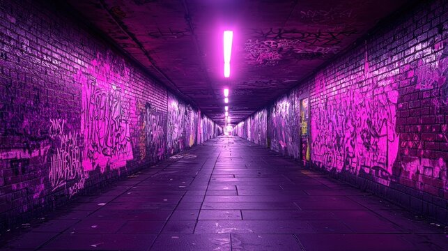 Purple-lit brick tunnel with graffiti - Powered by Adobe