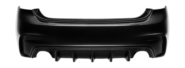 High-gloss carbon-style rear bumper with diffuser fins.