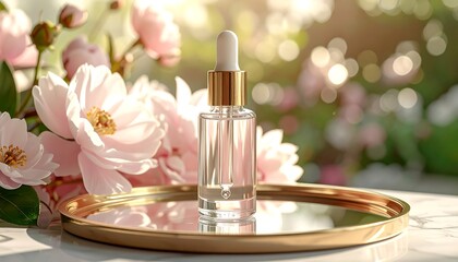 Elegant serum bottle on golden tray with floral backdrop.