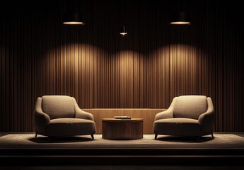 Modern Cozy Lounge Interior With Warm Lighting and Wooden Wall Paneling