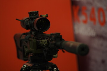 Optical sight on a rifle. Weapons for hunting. An exhibition of outdoor activities.