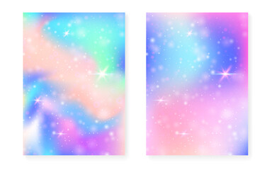 Magic background with princess rainbow gradient. Kawaii unicorn hologram. Holographic fairy set. Creative fantasy cover. Magic background with sparkles and stars for cute girl party invitation.