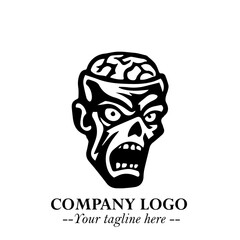 Head of Zombie Logo Symbol in Black on the White Background with Horror Minimal Vector Design