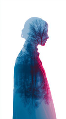 Double Exposure Person Silhouette with Misty Forest and Sunset Sky Overlay Vertical Concept