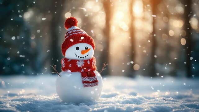 Snowman in forest during new year holidays, joyful winter scene with snow-covered trees and festive outdoor atmosphere