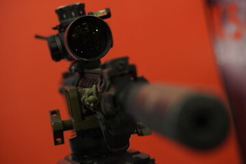 Optical sight on a rifle. Weapons for hunting. An exhibition of outdoor activities.
