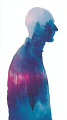 Double Exposure Person Silhouette with Misty Forest and Sunset Sky Overlay Vertical Concept