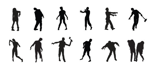 Zombie silhouette. Zombie poses silhouette walking horror character vector.