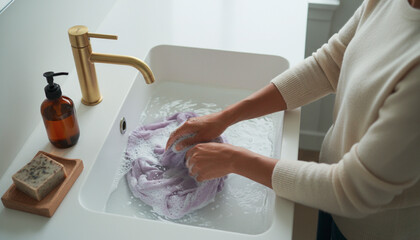 Person's hands washing luxury knitwear in sink with gentle soap and warm water in natural light airy bathroom interior