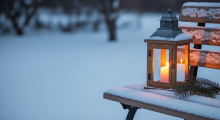 Rustic lantern with candle on snow-covered bench in winter landscape