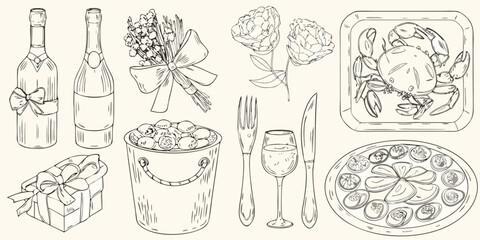 Hand drawn sketch of celebratory items including champagne bottles flowers gifts seafood and dining utensils