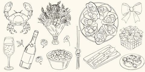 A delightful collection of hand drawn illustrations featuring food drinks flowers and celebratory items