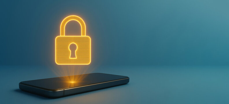 Cybersecurity concept showing glowing lock hologram above smartphone