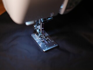 Close-up of a sewing machine foot on black fabric, highlighting precision and craftsmanship
