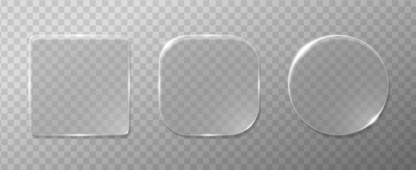 Sleek frosted glass morphism buttons and geometric panels with glossy shine. Minimalistic 3D vector glassmorphism style for digital UX or mobile applications.
