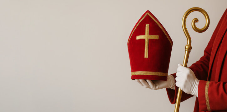 Sinterklaas bishop hat and staff held by gloved hands, traditional holiday - Powered by Adobe