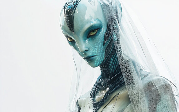 Extraterrestrial woman with glowing teal complexion dressed in sci fi suit symbolizing mystery and evolution isolated on transparent background PNG
