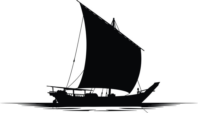 Black silhouette of a traditional dhow sailing boat on water, dhow, boat, sailing, ship, water, sea, ocean, vessel, traditional, silhouette, black, white, isolated, graphic, illustration, maritime, na