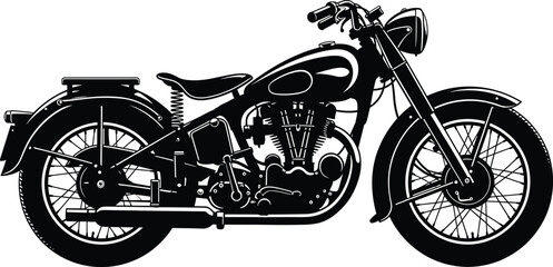 Naklejka premium Black silhouette of a vintage motorcycle on white retro, motorcycle, vintage, retro, classic, bike, vehicle, transport, transportation, silhouette, black and white, graphic, illustration, engine, whee